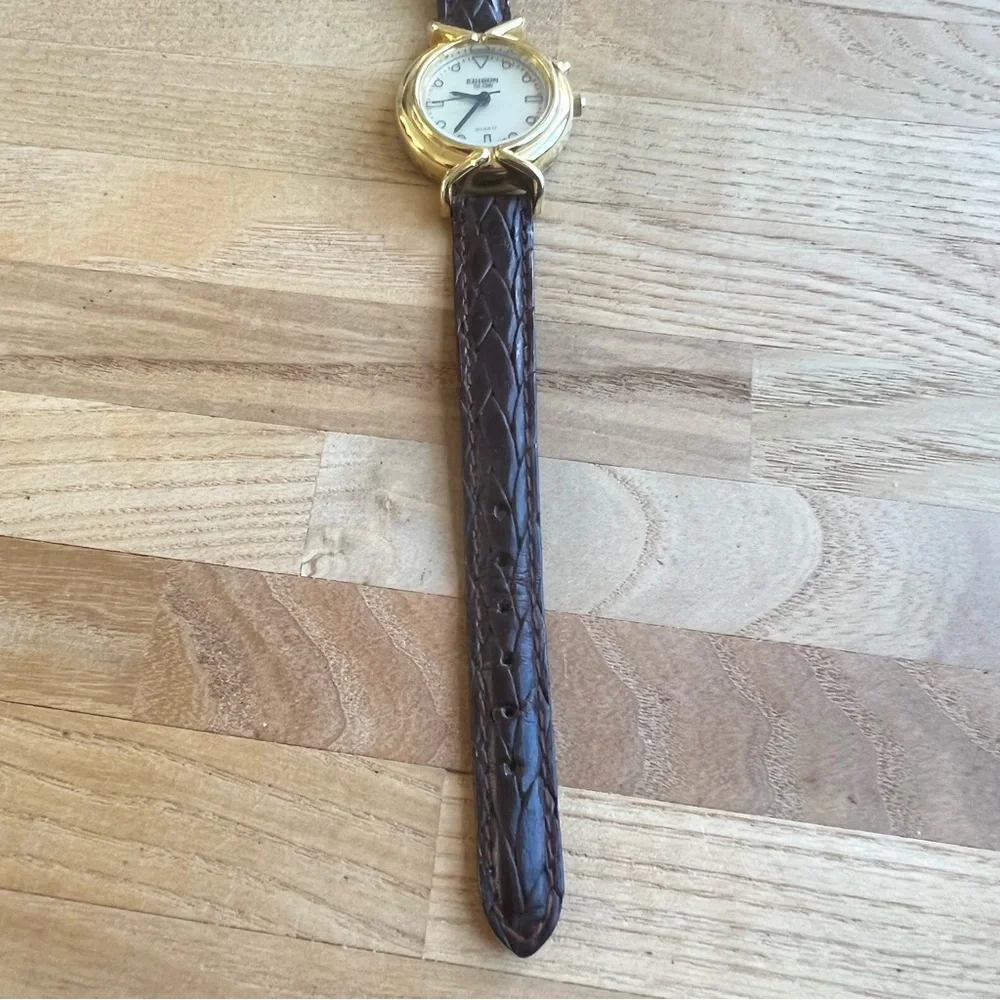 Edison glow ladies gold tone brown leather dress watch